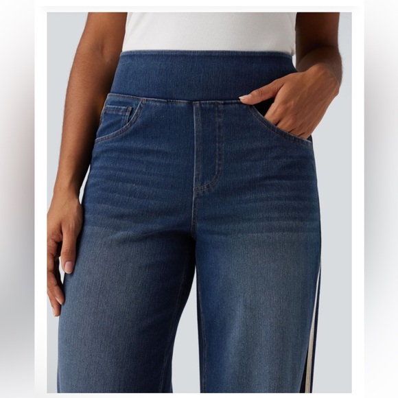 NWT Halara Wide Leg Flex Denim with White Stripes Size L - Picture 4 of 12